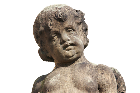 Detail of the sculpture - head of Cupid on white backgroundの写真素材