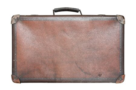 Old worn traveling suitcase on white backgroundの写真素材