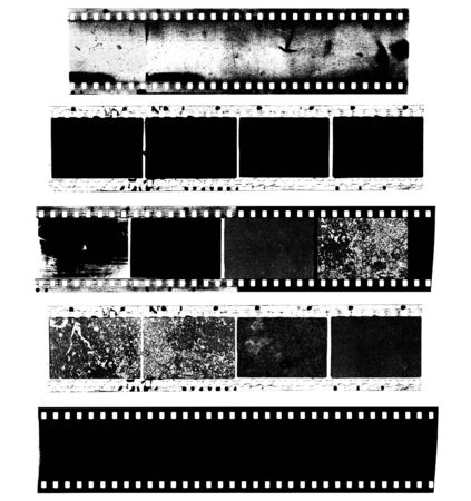 Dirty, messy and damaged strip of celluloid film on white backgroundの写真素材
