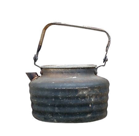 Old used teapot isolated on white backgroundの写真素材