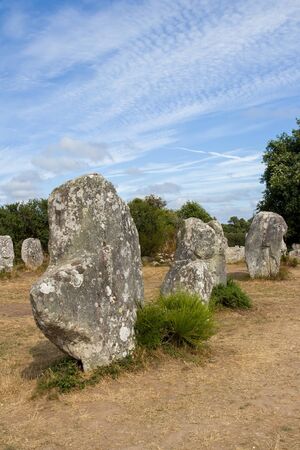 Alignment of Kerzerho - archaeological site with menhirs rows - located about 8 km northwest of Carnac in the village of Erdeven department of Morbihan in Brittany, Franceの写真素材