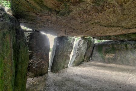 Inside a prehistoric burial chamber or Dolmen La Roche aux Fees - most important megalithic monument of Brittanyの写真素材