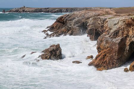 Spectacular natural cliffs on beautiful and famous coastline Cote Sauvage on peninsula Quiberon, Brittany (Bretagne), France, Europeの写真素材