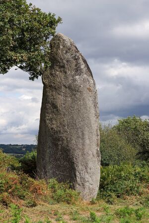 Menhir of Kergornec - megalithic monument near Saint-Gilles-Pligeaux village, department Cotes-d'Armor, Brittany, Franceの写真素材