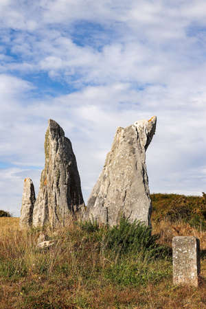 Line of the six menhirs   - Old Mill - megalithic landmark near Plouharnel in Brittany, Franceの写真素材