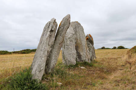 Line of the six menhirs  - Old Mill - megalithic landmark near Plouharnel in Brittany, Franceの写真素材