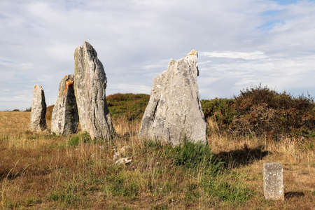 Line of the six menhirs   - Old Mill - megalithic landmark near Plouharnel in Brittany, Franceの写真素材