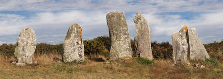 Line of the six menhirs - Old Mill - megalithic landmark near Plouharnel in Brittany, Franceの写真素材
