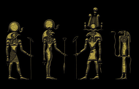 Various Egyptian gods. Ra - God of the Sun, Bastet - ancient solar and war goddess, Khensu and priestess of the Amonの写真素材