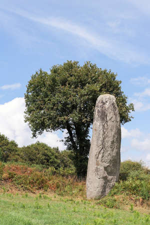Menhir of Kergornec - megalithic monument near Saint-Gilles-Pligeaux village, department Cotes-d'Armor, Brittany, Franceの写真素材