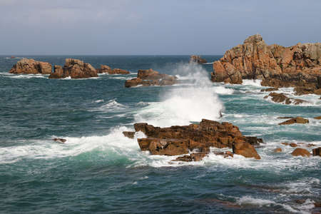 Rocky coast of Brittany - view point on Pink Granite Coast, Le Gouffre, Cote de Granit Rose, Plougrescant, Brittany, Franceの写真素材