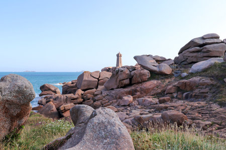 Ploumanac'h Lighthouse - Mean Ruz Lighthouse - active lighthouse in Perros-Guirec, Cotes-d'Armor, Brittany, Franceの写真素材