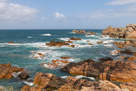 Rocky coast of Brittany - view point on Pink Granite Coast, Le Gouffre, Cote de Granit Rose, Plougrescant, Brittany, Franceの写真素材