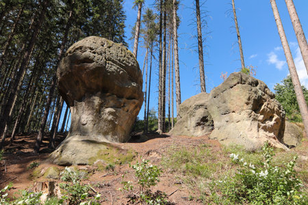 Rocks of Gnomes also Boulders of Elves original in polish language GÅazy KrasnoludkÃ³w - nature preserve of the bizarre rock formations in the Poland near GorzeszÃ³w cityの写真素材