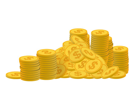 Gold coins, golden dollar coins, money pile, stacked cash. Casino bonus, profits and income earnings. Vector illustrationのイラスト素材