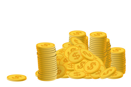 Gold coins, golden dollar coins, money pile, stacked cash. Casino bonus, profits and income earnings. Vector illustrationのイラスト素材