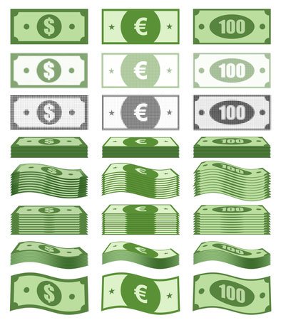Banknotes, greenback banknote, money pile, stacked cash. Dollar, euro, hundred. Casino bonus, profits and income earnings, vector illustration.のイラスト素材