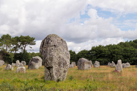 Menhirs of the Alignments of Kerlescan, rows of standing stones, the largest megalithic site in the world, Carnac, Brittany, Franceの写真素材