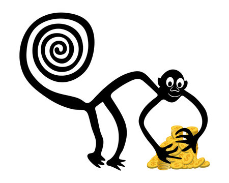 Monkey with a pile of golden coins - a paraphrase of the famous geoglyph The Monkey from Nazca, Nazca desert, Peruのイラスト素材