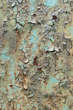 Detail of the cracked and peeled paint on the rusty iron surface