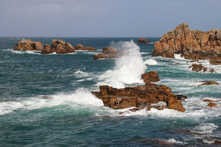 Rocky coast of Brittany - view point on Pink Granite Coast, Le Gouffre, Cote de Granit Rose, Plougrescant, Brittany, Franceの写真素材