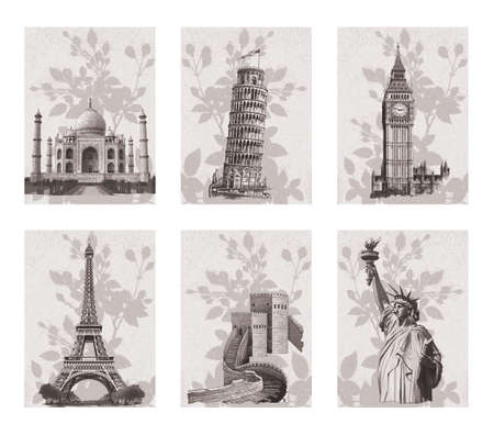collage of landmarks illustrationの写真素材