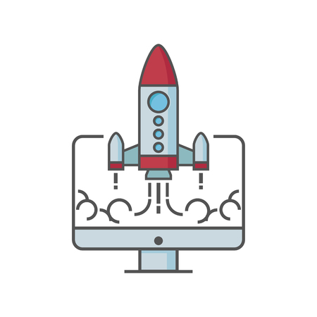 Flat design of rocket launch from computer. Business Start Up Conceptのイラスト素材