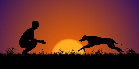 Silhouette of a man with his dog on the grass. Dog training conceptのイラスト素材