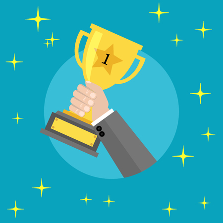Business man holding up winning gold trophy - Vector illustrationのイラスト素材
