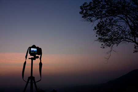 Camera On Tripod In Twilight At KHAOKORの写真素材