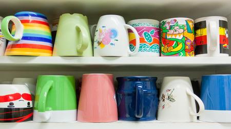 Colorful Cups On The Shelfの写真素材