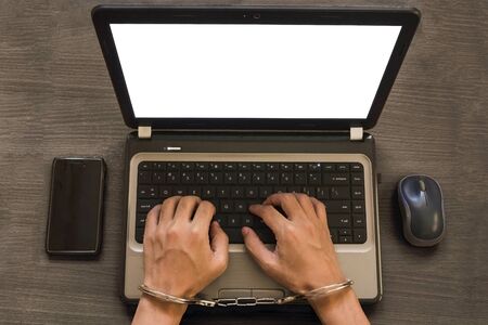 Dark Tone Of Cyber Crime, Hacking, Bullying Against Law With Handcuff Conceptの写真素材