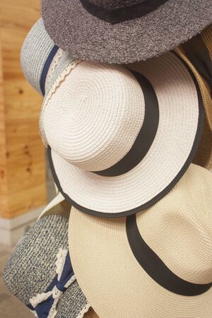 Lady Hats Hanging At Stand Stall Flea Market Store の写真素材