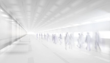 Long hall. People walking through the underground passage. Shopping gallery corridor. Vector illustration.のイラスト素材