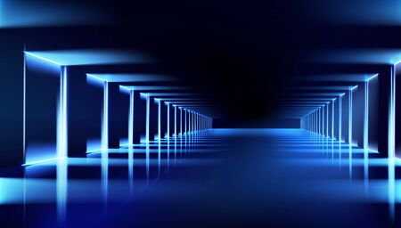 Illuminated hall. Dark room with brightly lit neon lamps. Lighting effects, show. Blue background. Vector illustration.のイラスト素材