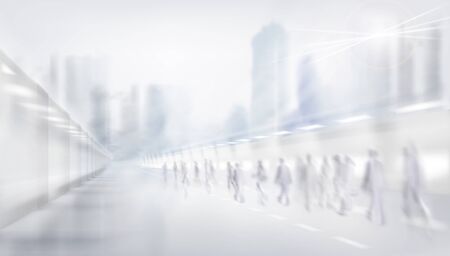 People walking down the city street. Town with skyscrapers. Traffic. In the background a blurred panorama of the center city. Vector illustration.のイラスト素材