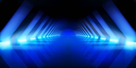 Illuminated hall. Dark corridor with brightly lit neon lamps. Lighting effects, show. Blue background. Vector illustration.のイラスト素材