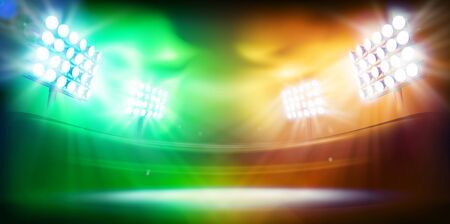 Show on stage. Bright floodlights illuminating the sports stadium. Colorful background. Sports games. Abstract vector illustration.のイラスト素材