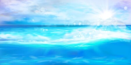 Sunrise over the sea. Sandy tropical beach in summer. Waves on the seashore. Vector illustration.のイラスト素材