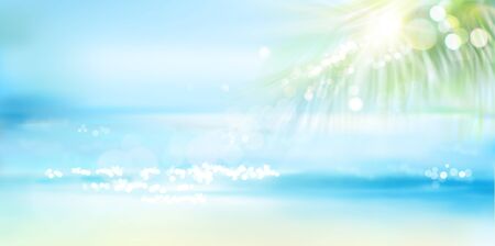 Sandy beach with palm tree in summer. Waves on the seashore. Sunrise over the sea. Vector illustration.のイラスト素材