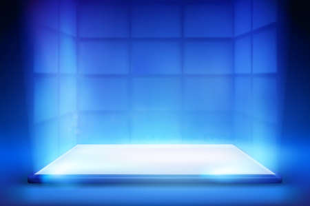 Virtual reality. Smartphone light screen. Computer or tablet display. Blue background. Vector illustration.のイラスト素材