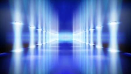 Iilluminated corridor. Stage podium during the show. Blue carpet. Fashion catwalk, runway. Vector...