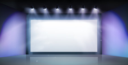 Projection screen in the cinema. Show on the stage. Free space for advertising. Graphic elements for the design. Vector illustration.のイラスト素材