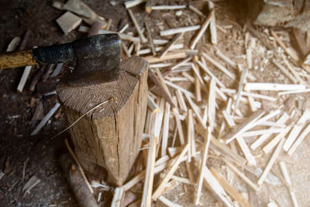 photograph of an ax nailed to a background and cut wood on the floor to be placed in the storage...