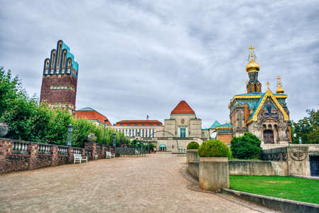 Mathildenhohe in Darmstadt (Germany) with the Wedding Tower and a russian orthodox churchの写真素材