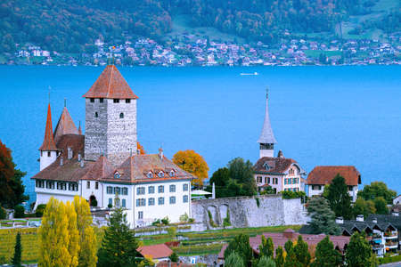 Spiez Castle in Spiez (Switzerland) in front of Lake Thunのeditorial素材