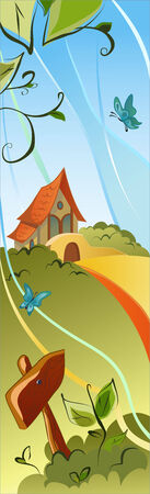 Sunny landscape with a house on a hillのイラスト素材