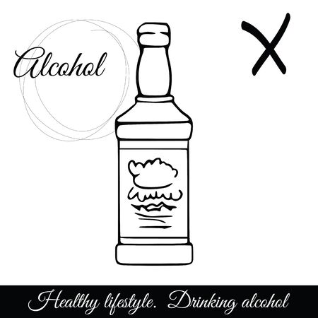 Linear sketch of a glass bottle with alcohol isolated on white backgroundのイラスト素材