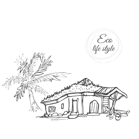 House among nature with grass on the roof in the style of the sketchのイラスト素材