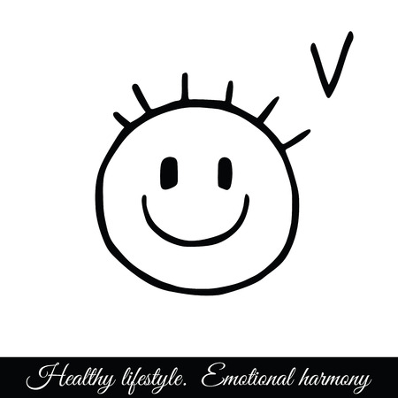 Linear sketch of doodle face, smiley, isolated on white background. Logo, sign on the theme of healthy lifestyleのイラスト素材